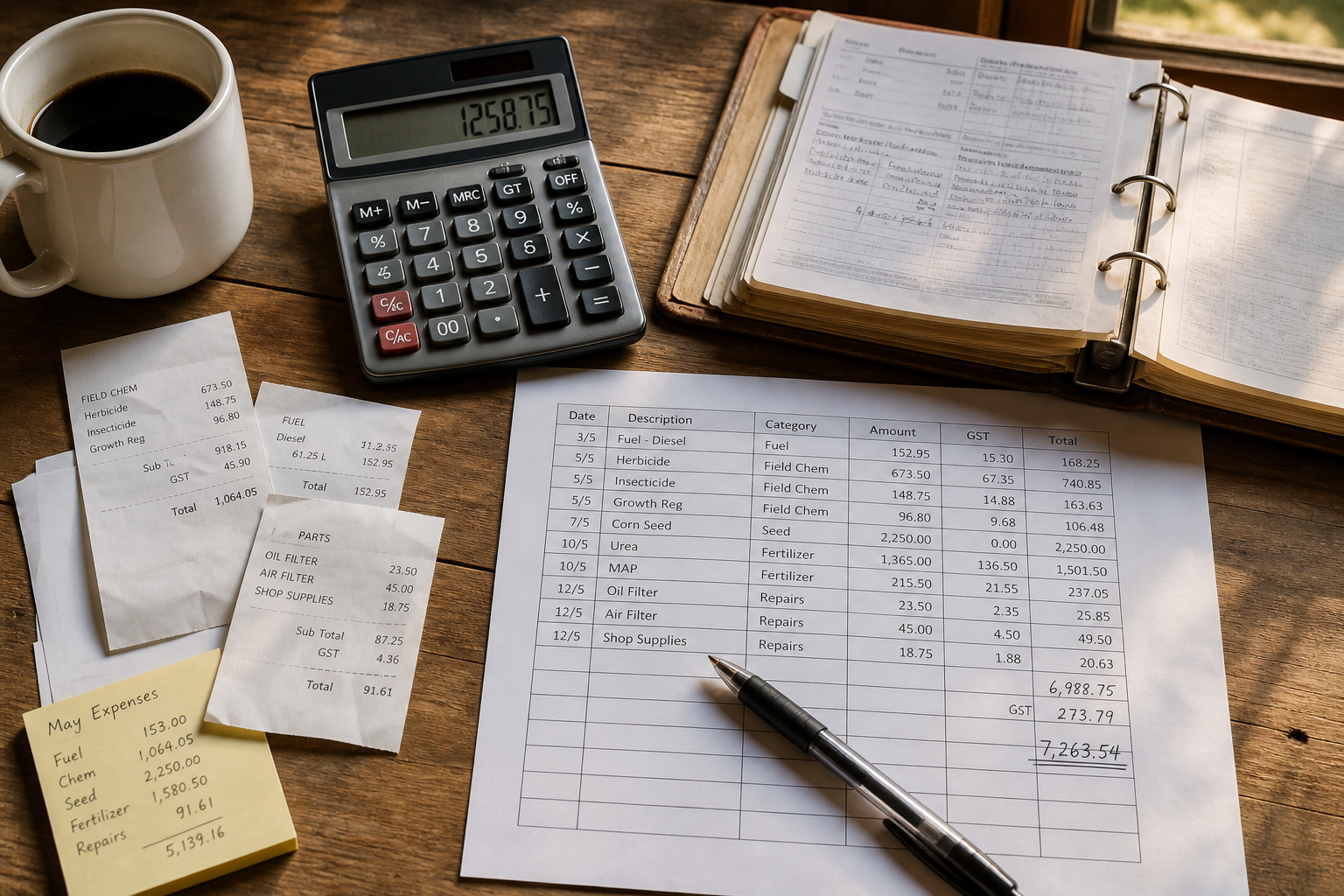 Calculator, invoices, and expense papers on a farm office desk