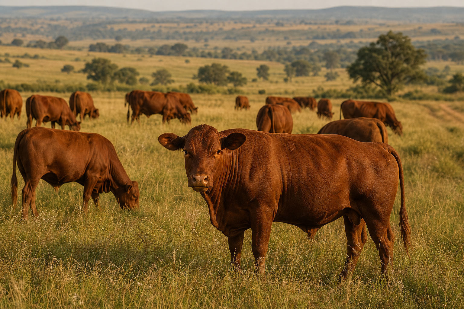 Beef cattle grazing on farm pasture